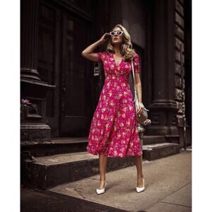 Saloni Lea Silk Pink Floral Button-Front Midi Dress Puff Sleeves US 0 Feminine